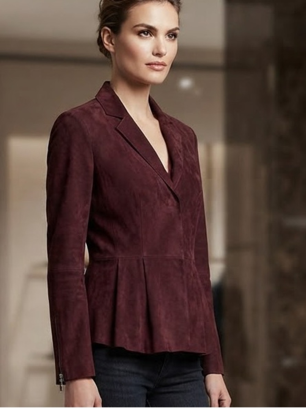 Sportmax MaxMara Burgundy Suede Peplum Blazer Jacket